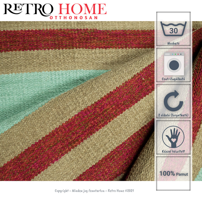 Bézs, kék és bordó mintás indiai pamut szőnyeg - RetroHome.shop